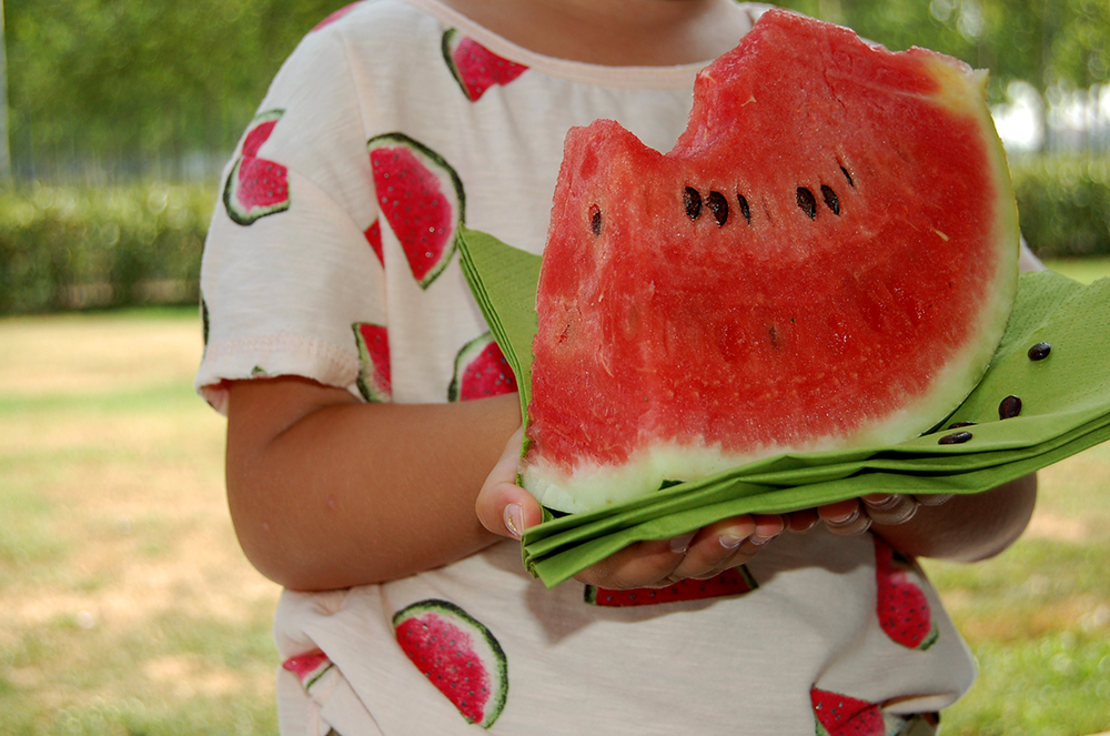 merenda bambini con frutta fresca e t-shirt con cocomero